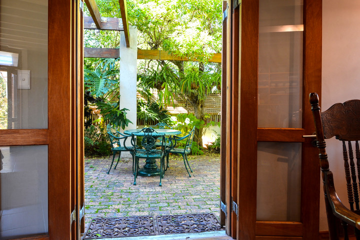 The patio garden is inviting.